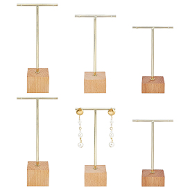 6Pcs 3 Sizes Iron T Bar Earring Display Stands, with Square and Rectangle Wooden Base, BurlyWood