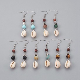 Round Gemstone Dangle Earrings, with Cowrie Shell, Natural Sandalwood Beads and 304 Stainless Steel Earring Hooks
