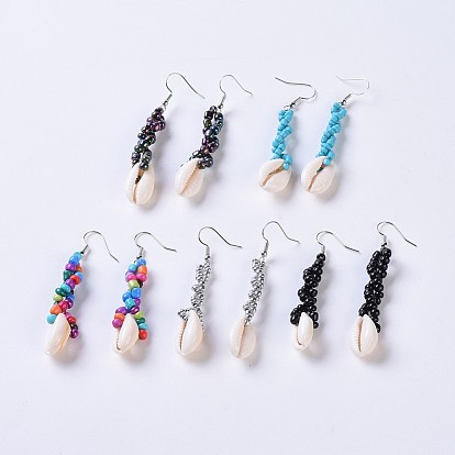 Backfarbe Glasperlen baumeln Ohrringe, mit Kaurimuschel und Messinghaken