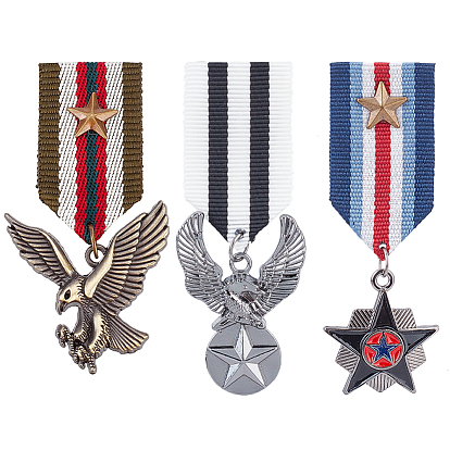 3pcs 3 style aigle et étoile alliage émail pendentif épingle à revers, médaille de broche en polyester pour hommes