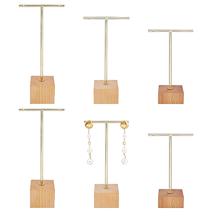 6Pcs 3 Sizes Iron T Bar Earring Display Stands, with Square and Rectangle Wooden Base, BurlyWood