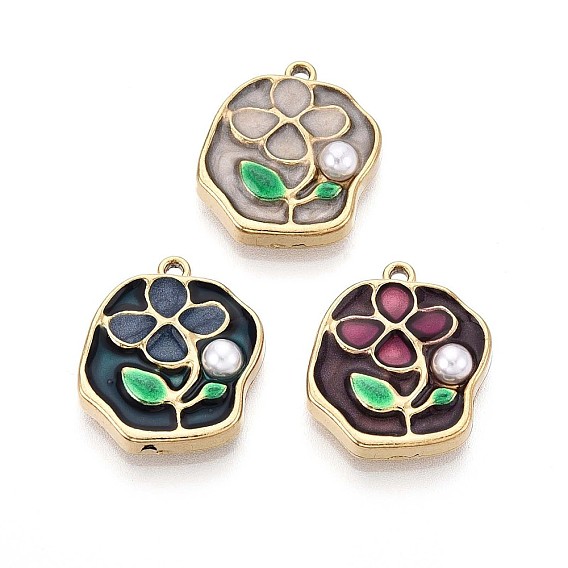 304 подвески из нержавеющей стали и эмалированного АБС-пластика с имитацией жемчуга, самородки с цветочными подвесками, ионное покрытие (ip), реальный 18 k позолоченный