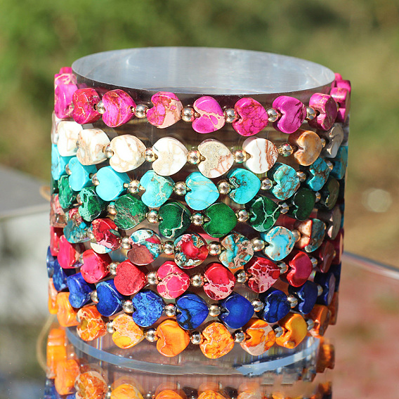 Женские плетеные браслеты из бусин в форме сердца из натуральной имперской яшмы, окрашенной в богемском стиле, с латунными бусинами и вощеным шнуром