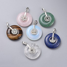 Natural & Synthetic Gemstone Pendants, with Platinum Tone Brass Findings, Donut/Pi Disc with Mixed Shapes