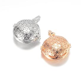 Hollow Brass Cage Pendants, For Chime Ball Pendant Necklaces Making, Flat Round, Cadmium Free & Nickel Free & Lead Free, 35x34x17mm, Hole: 4x8mm