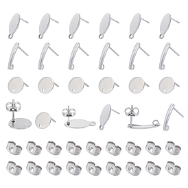 Unicraftale 60Pcs 3 Style 304 Stainless Steel Stud Earring Findings, with Loop and Flat Plate, with 40Pcs Ear Nuts/Earring Backs, Flat Round & Teardrop & Oval