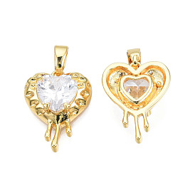 Brass Pave Cubic Zirconia Pendants, Heart Charms, Real 18K Gold Plated, Nickel Free