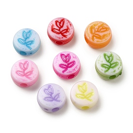 Opaque Acrylic Beads, Craft Style, Flat Round with Flower