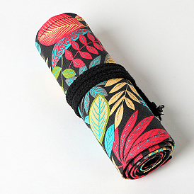 Leaf Pattern Handmade Canvas Pencil Roll Wrap, Roll Up Pencil Case for Coloring Pencil Holder