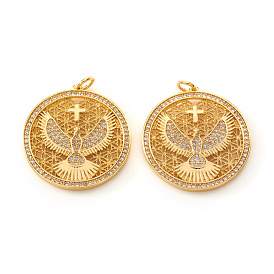 Brass Micro Pave Cubic Zirconia Pendants, with Jump Rings, Flat Round with Eagle & Cross, Clear