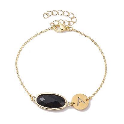 Facettierte ovale Gliederarmbänder aus natürlichem Edelstein, Edelstahl-Armbänder mit hohlen Buchstaben und Messingkabelkette für Frauen, golden