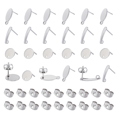 60Pcs 3 Style 304 Stainless Steel Stud Earring Findings, with Loop and Flat Plate, with 40Pcs Ear Nuts/Earring Backs, Flat Round & Teardrop & Oval