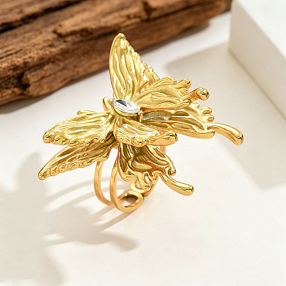304 Stainless Steel Open Cuff Rings for Women, with Rhinestone, Butterfly