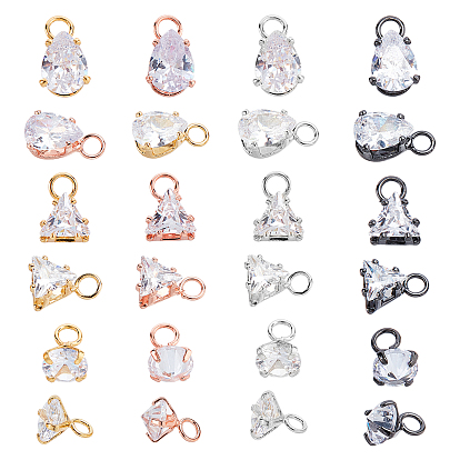 24Pcs 3 Style Brass Clear Cubic Zirconia Charms, Triangle, Teardrop & Diamonds