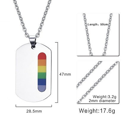 Rainbow Color Pride Flag Enamel Rectangle Pendant Necklace, Titanium Steel Jewelry for Women