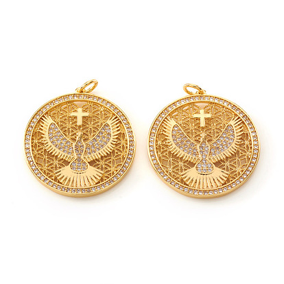 Brass Micro Pave Cubic Zirconia Pendants, with Jump Rings, Flat Round with Eagle & Cross, Clear