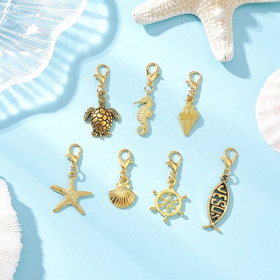 7 шт. подвесные украшения из сплава в тибетском стиле серии Ocean, разнообразные, Сплав с застежками когтя омара