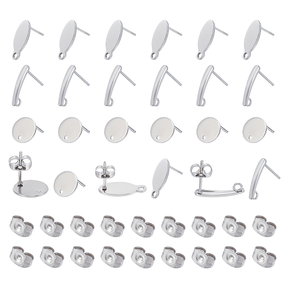 60Pcs 3 Style 304 Stainless Steel Stud Earring Findings, with Loop and Flat Plate, with 40Pcs Ear Nuts/Earring Backs, Flat Round & Teardrop & Oval