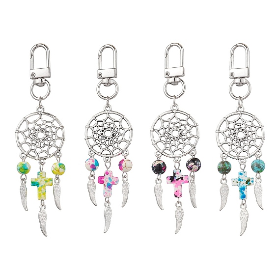 4шт. плетеная сетка/паутина с крылом сплава и синтетической бирюзой крест круглый кулон украшение, с поворотными застежками сплава