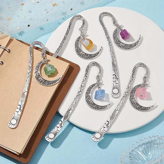 Закладка крючком из сплава, Подвески-луны из шестиугольной призмы из натурального кварца и сплава