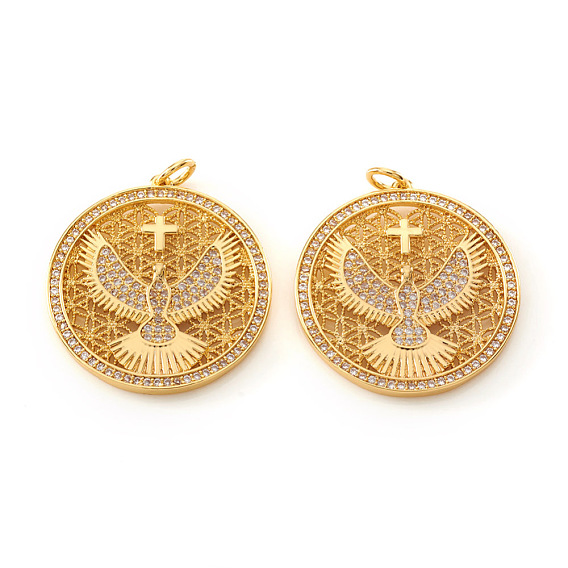 Brass Micro Pave Cubic Zirconia Pendants, with Jump Rings, Flat Round with Eagle & Cross, Clear