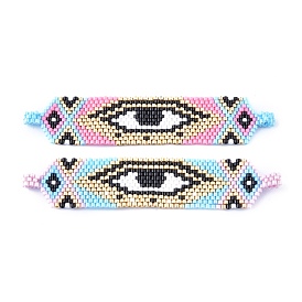 Handmade Seed Beads Links Connectors, with Elastic Thread, Loom Pattern, Rectangle with Evil Eye