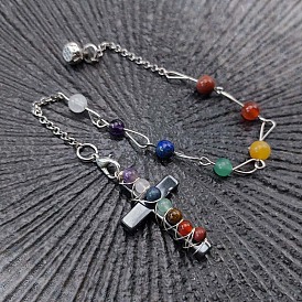 Chakras Natural Gemstone Beads Wire Wrapped Cross Dowsing Pendulums, with Alloy Findings