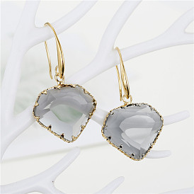 Minimalist Geometric Heart Crystal Earrings with Irregular Glass Pendant