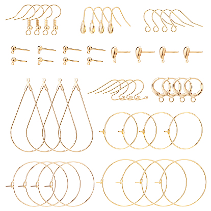 48Pcs 12 Style DIY Brass Earring Making Finding Kit, Including Stud & Hoop Earring Findings, Earring Hooks, Wine Glass Charms Rings, Pendants