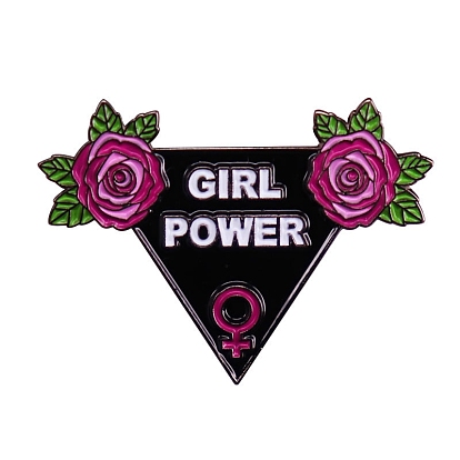 Triangle with Rose Enamel Pin, Word Girl Power Brass Feminism Badge for Backpack Clothes, Electrophoresis Black