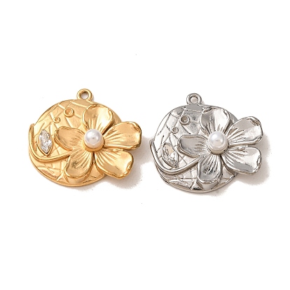 304 Colgantes de acero inoxidable con diamantes de imitación de cristal y perlas de imitación de plástico ABS, encantos de la flor