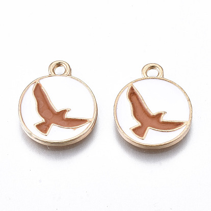 Pendentifs en émail d'alliage plaqué or léger, sans cadmium et sans plomb, plat rond avec un oiseau