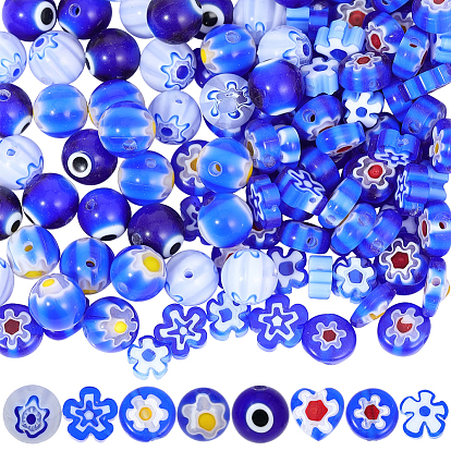 160Pcs 8 Styles Handmade Millefiori & Evil Eye Lampwork Beads, Mixed Shapes