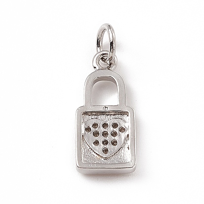 Brass Micro Pave Clear Cubic Zirconia Pendants, with Open Jump Rings, Lock Charms with Heart Pattern