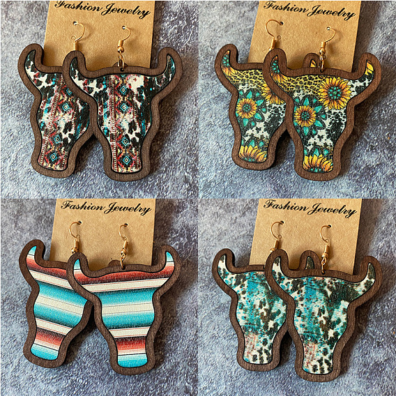Деревянные серьги с подвесками в богемном стиле, золотые, поголовье крупного рогатого скота