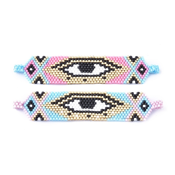 Handmade Seed Beads Links Connectors, with Elastic Thread, Loom Pattern, Rectangle with Evil Eye