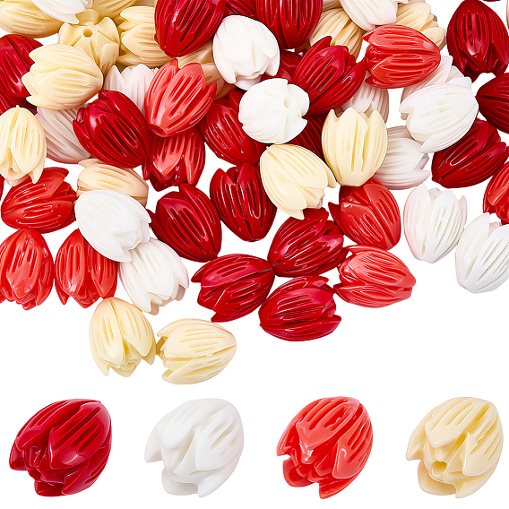 80Pcs 4 Styles Synthetic Coral Dyed Carved Beads Strands, Flower