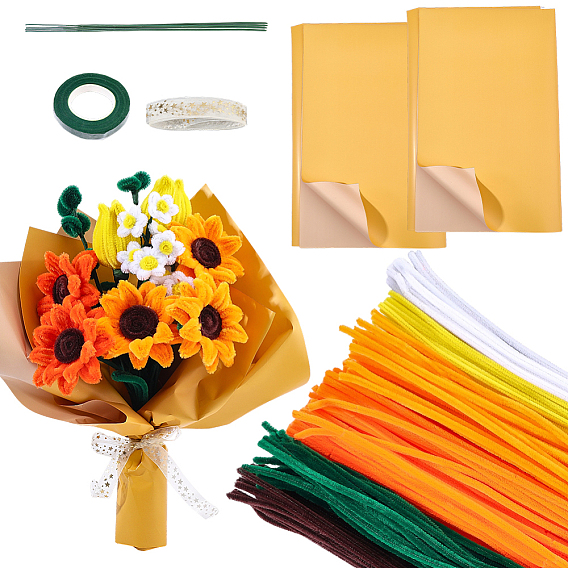 Наборы для самостоятельного изготовления палочек для скручивания в форме подсолнуха, включая железный стебель, цветочный пруток, самодельная плюшевая палочка, трубочисты, изоляционная лента, оберточная бумага и полиэстеровые ленты