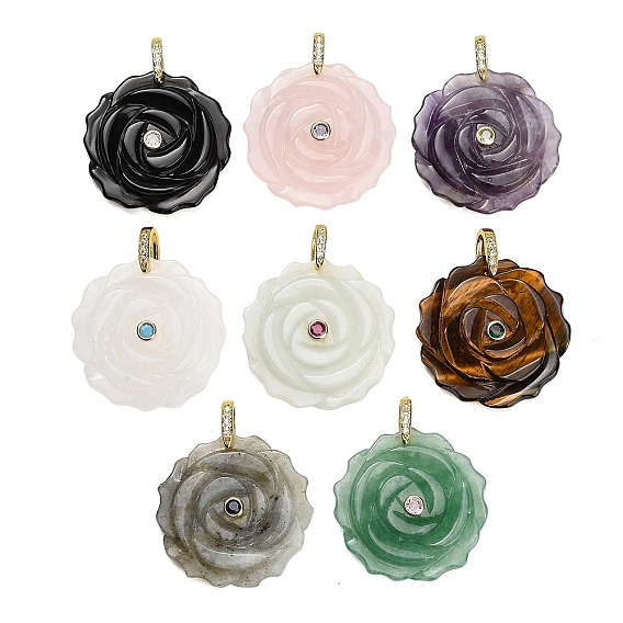 Natural Gemstone Pendants, Flower Charms, with Brass Pave Cubic Zirconia Findings, Golden