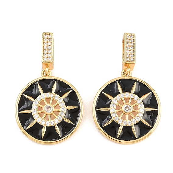 Brass Micro Pave Clear Cubic Zirconia Pendants, with Enamel, Wheel Charms