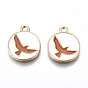 Light Gold Plated Alloy Enamel Pendants, Cadmium Free & Lead Free, Flat Round with Bird