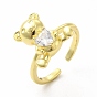Glass Bear with Heart Open Cuff Ring, Golden Brass Jewelry for Women