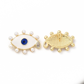 Rack Plating Brass Cubic Zirconia Pendants, with Plastic Imitation Pearl & Enamel, Cadmium Free & Lead Free, Real 18K Gold Plated, Long-Lasting Plated, Evil Eye with Teardrop Charm