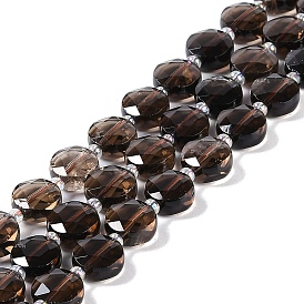 Natural Smoky Quartz Beads Strands, with Seed Beads, Faceted Hexagonal Cut, Flat Round