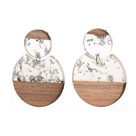 Transparent Resin & Walnut Wood Dangle Stud Earrings, with Foil, Steel Pin and plastic Ear Nuts, Flat Round