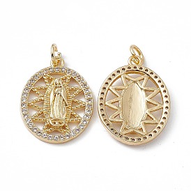 Brass Clear Cubic Zirconia Pendants, with Jump Ring, Oval with Virgin Mary Charms