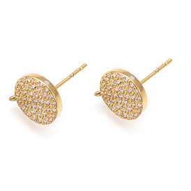 Brass Micro Pave Cubic Zirconia Stud Earring Findings, with Loop, Lead Free & Cadmium Free, Long-Lasting Plated, Flat Round