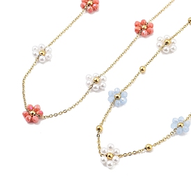 Glass and ABS Plastic Flower Link Chain Necklaces, 316 Surgical Stainless Steel Jewelry for Women, Real 18K Gold Plated