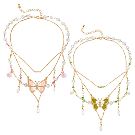 2 шт. 2 цвета сплава эмали бабочка кулон двухслойные ожерелья для женщин, с акрилом и искусственным жемчугом, золотые