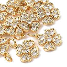 Brass Micro Pave Clear Cubic Zirconia Pendants, Cadmium Free & Nickel Free & Lead Free, Four Leaf Clover Charms